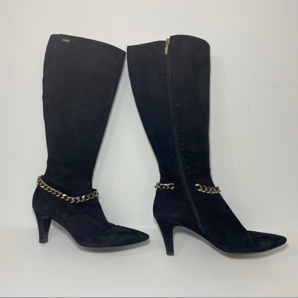 Marina Rinaldi Black Suede Wide Tall Boots  Wide calf chain Detail 10US